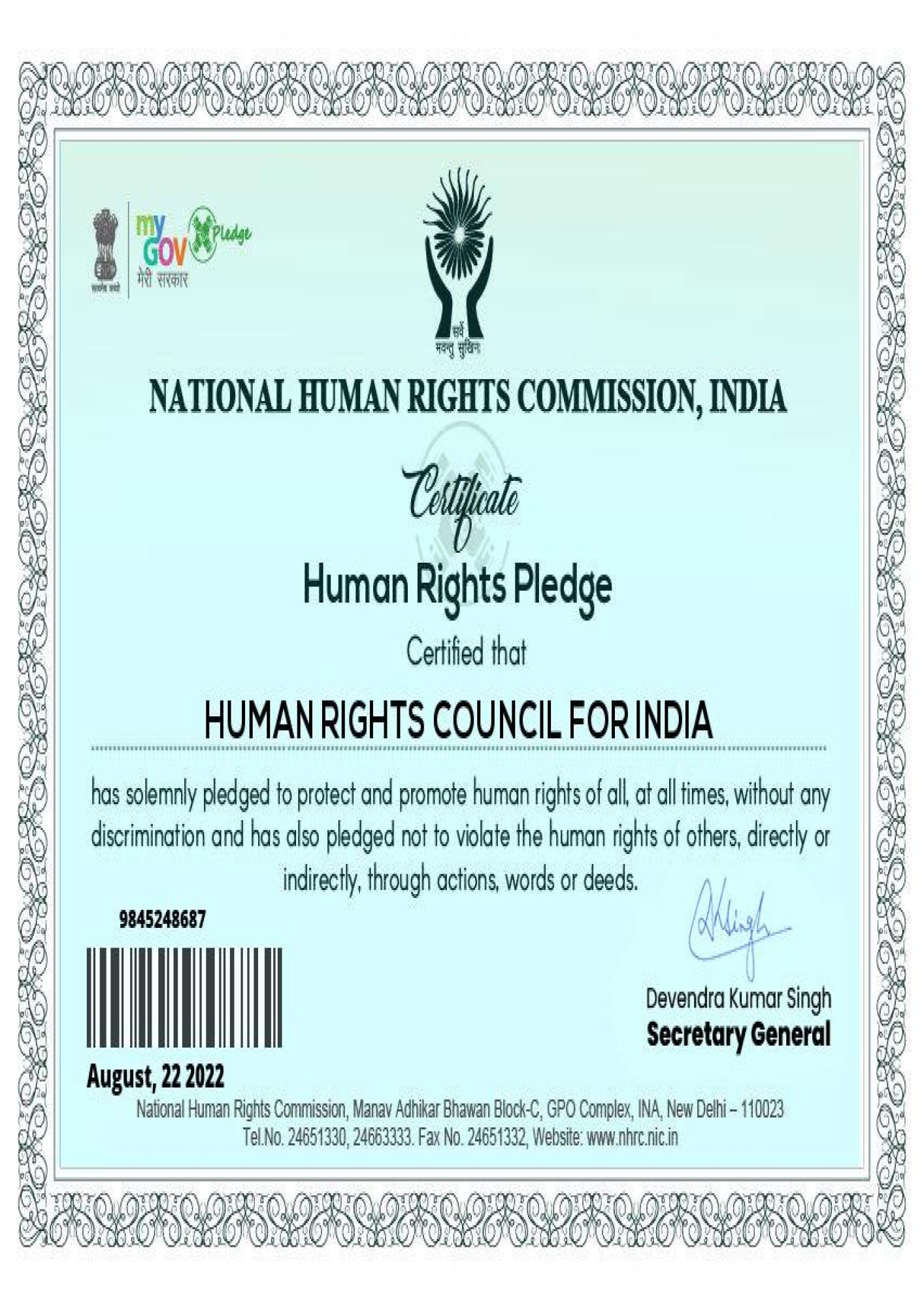 Human Rights Pledge Certificate
